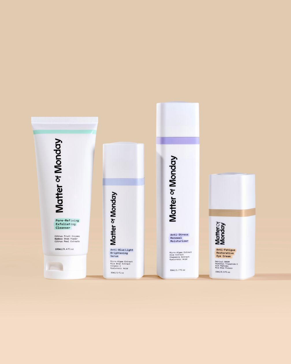 Four skincare products from 'Matter of Monday' on a beige background
