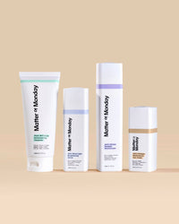 Four skincare products from 'Matter of Monday' on a beige background