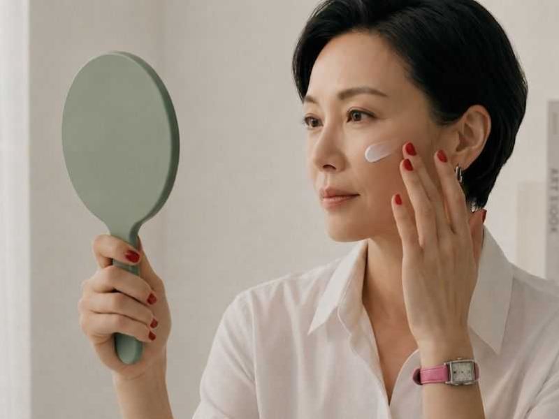 A woman applying face cream
