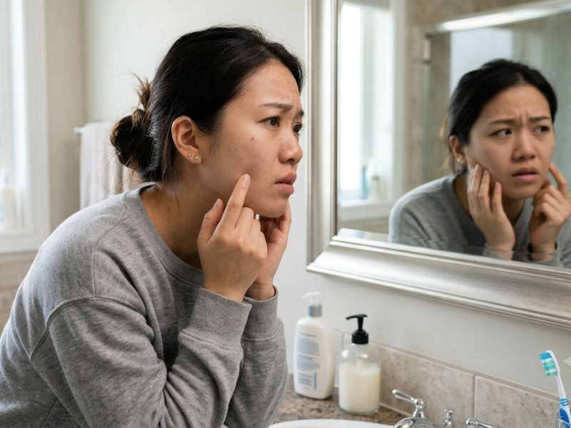 Stressed woman checking her skin on a mirror