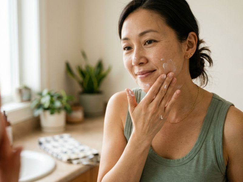 Woman applying moisturizer