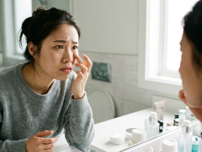 Woman checking her skin on a mirror