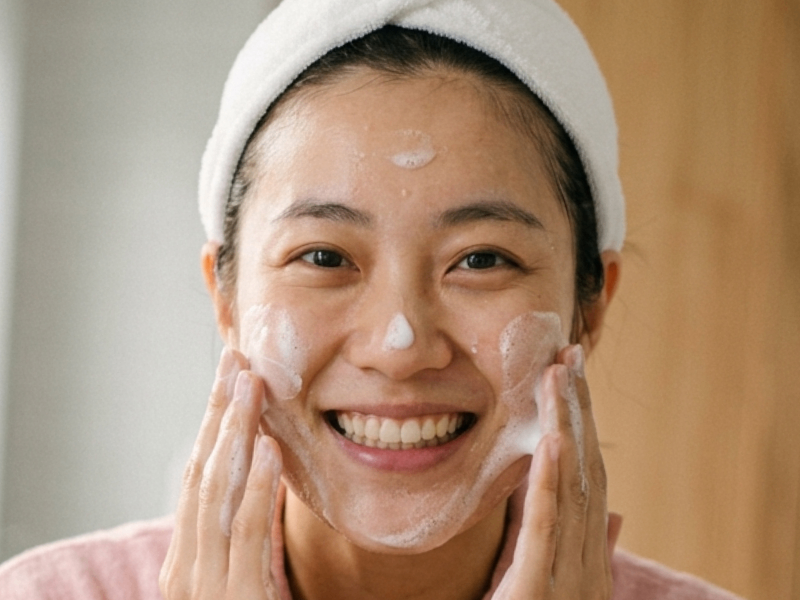 Woman using a face cleanser