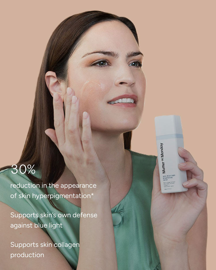 Woman holding a skincare product with text about skin benefits on a beige background