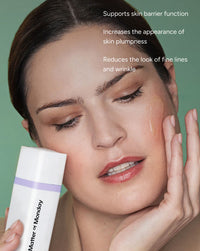 Woman applying skincare product with text about skin benefits on a green background