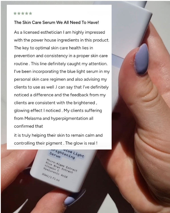 Hand holding a skincare serum with a text overlay about its benefits