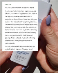 Hand holding a skincare serum with a text overlay about its benefits