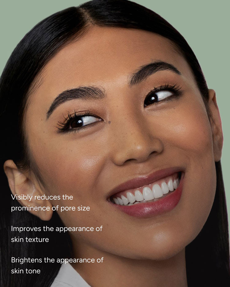 Close-up of a woman's face with text highlighting skin improvement benefits on a green background