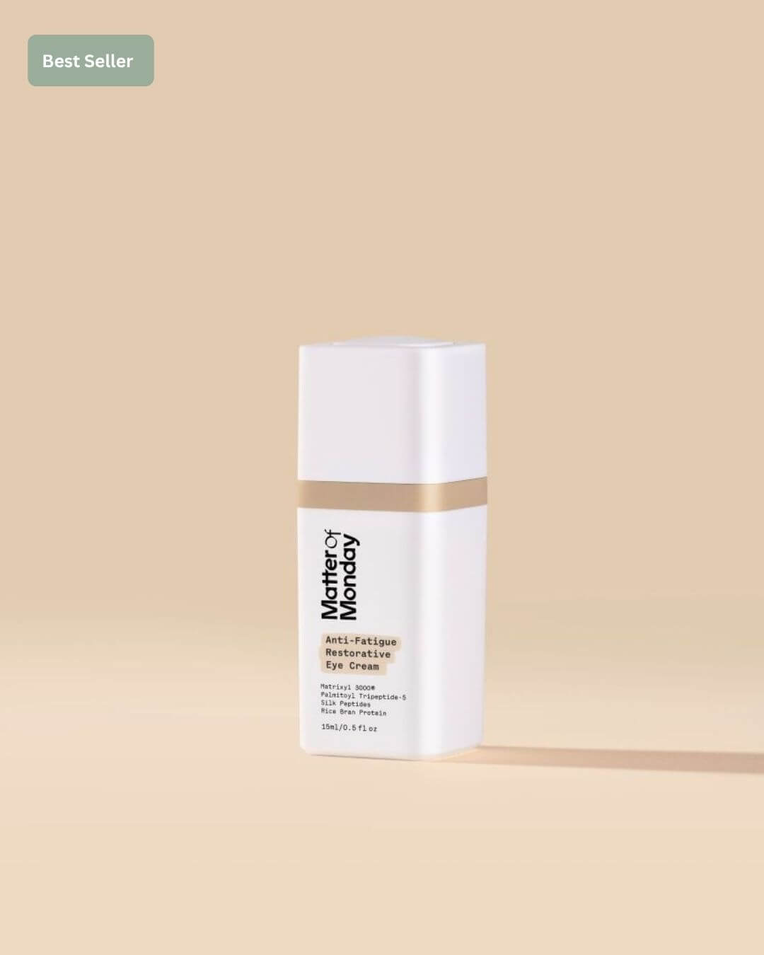Skincare bottle with 'Monday' branding on a beige background
