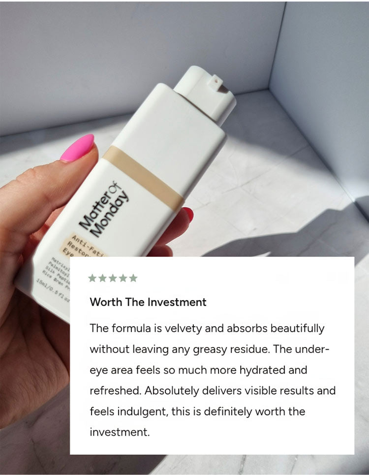 Hand holding a bottle of Eye Cream product with a review text overlay.