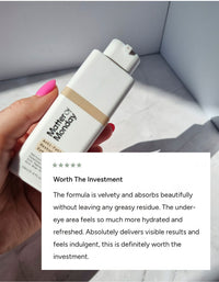 Hand holding a bottle of Eye Cream product with a review text overlay.