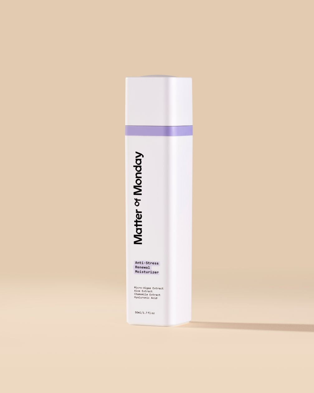 Skincare bottle labeled 'Matter of Monday' on a beige background