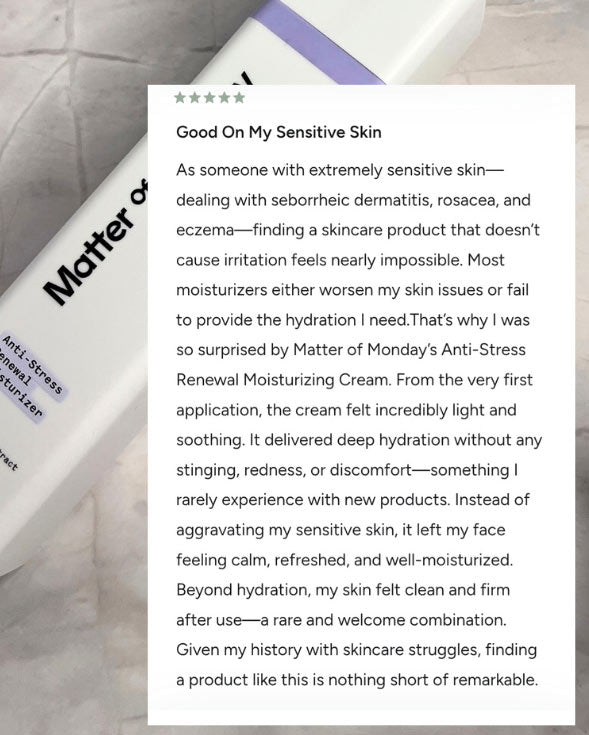 Product review for Matter of Monday's Anti-Stress Renewal Moisturizing Cream with a white background.