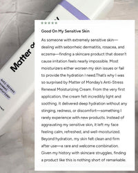 Product review for Matter of Monday's Anti-Stress Renewal Moisturizing Cream with a white background.