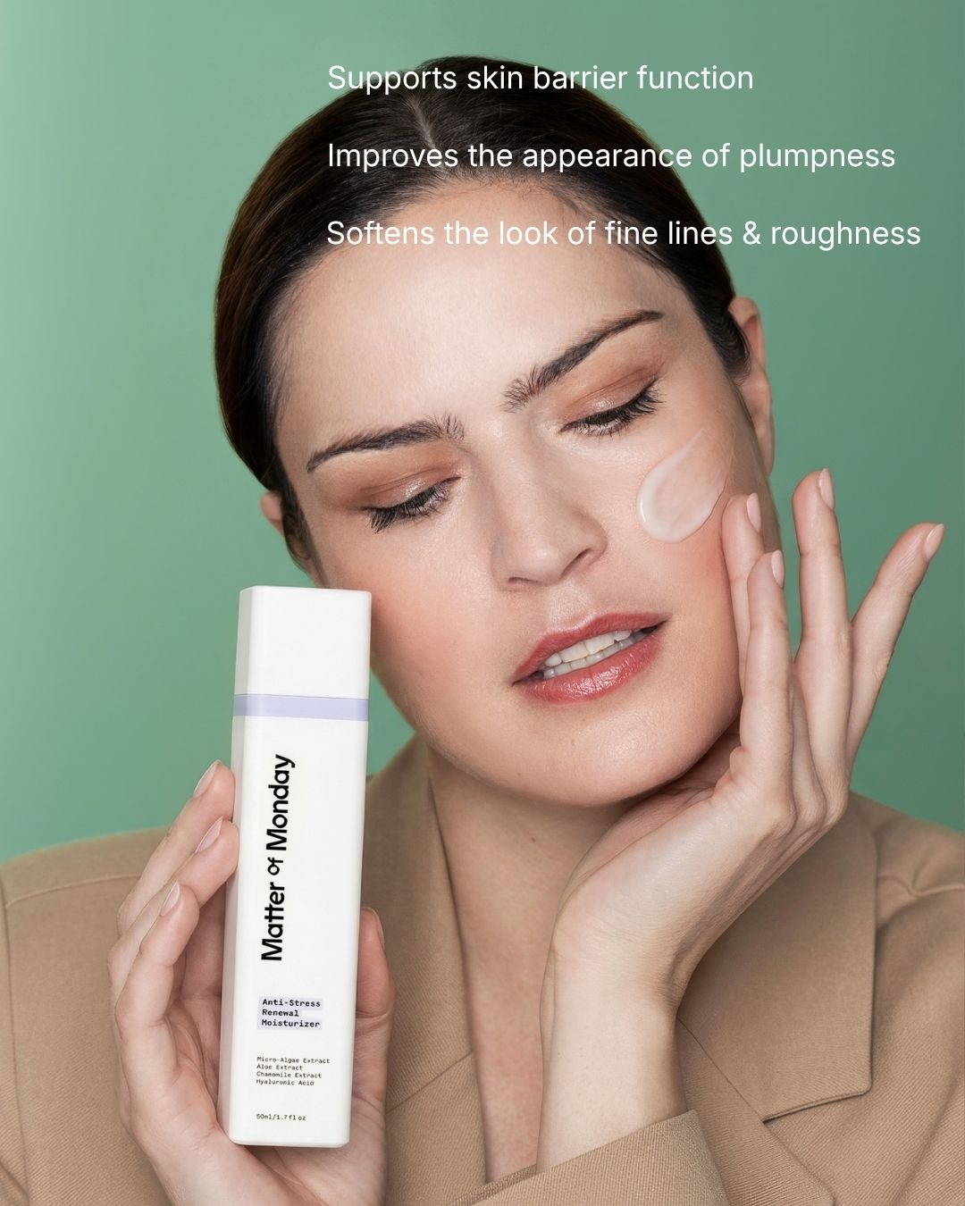 Woman applying skincare product with text about skin benefits on a green background