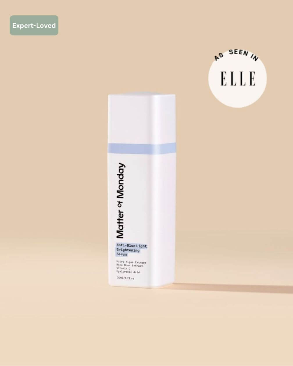 Skincare serum bottle with 'Matter of Monday' branding on a beige background, featuring 'ELLE' endorsement.
